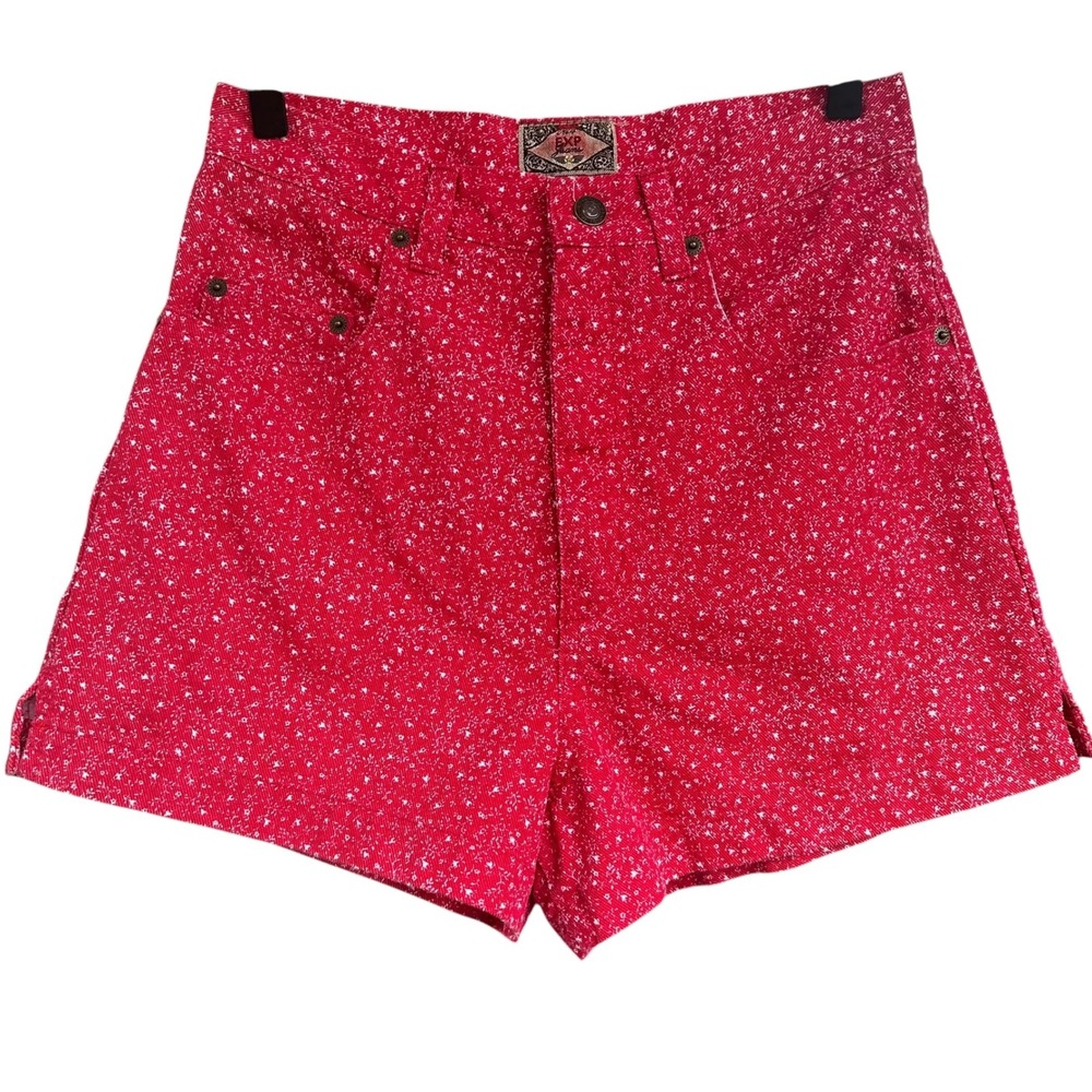 Vintage EXP Jeans Express Red Ditsy Floral High Waist Denim Shorts Size 9/10